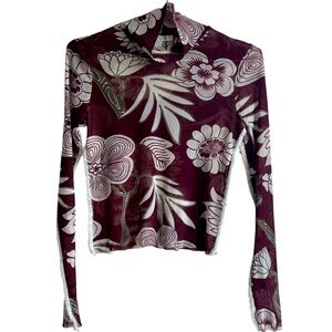 Sheer Floral Long Sleeve Top - Burgundy and White Made in Italy, Size M